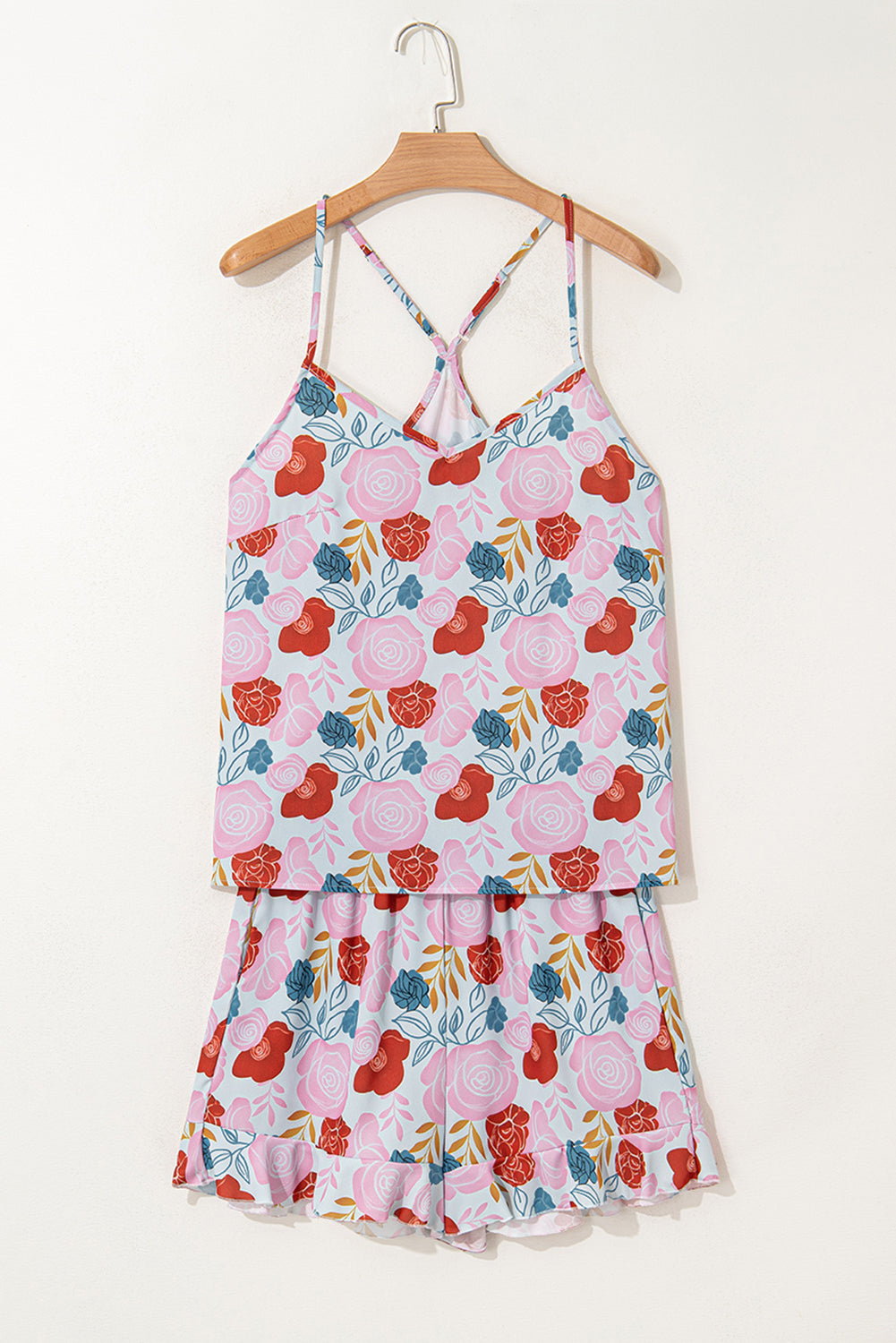 Multicolour Floral V Neck Cami Top and Ruffled Shorts Lounge Set