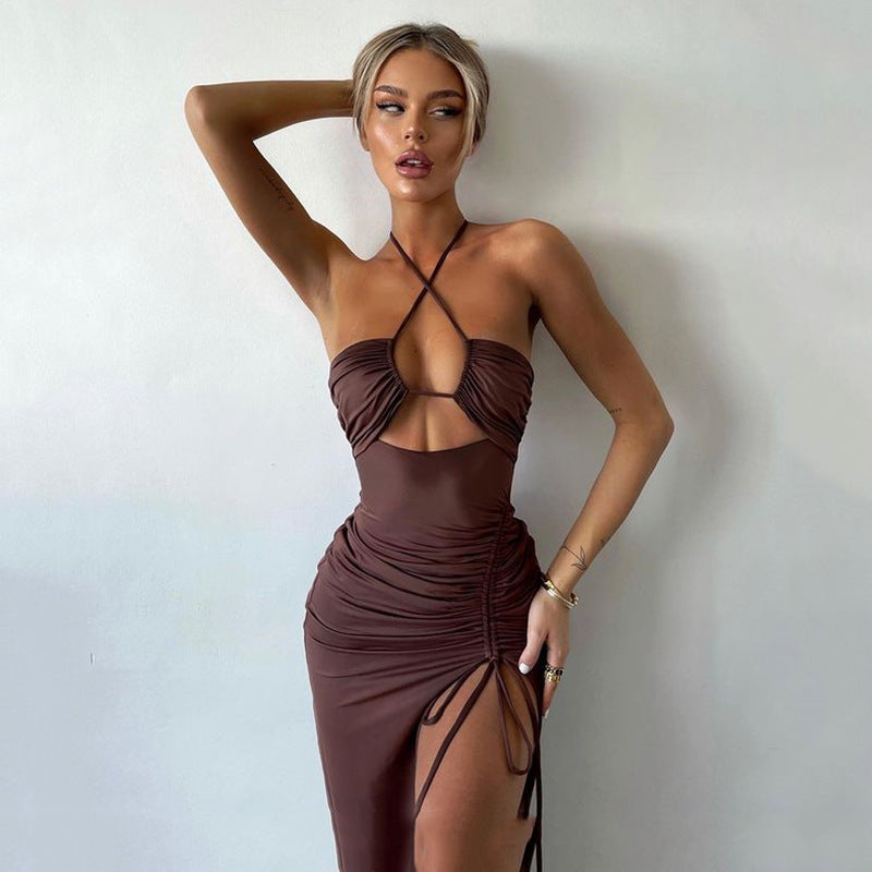 Sexy Halterneck Lace-up Split Dress Summer Y2K Beach Dresses Long