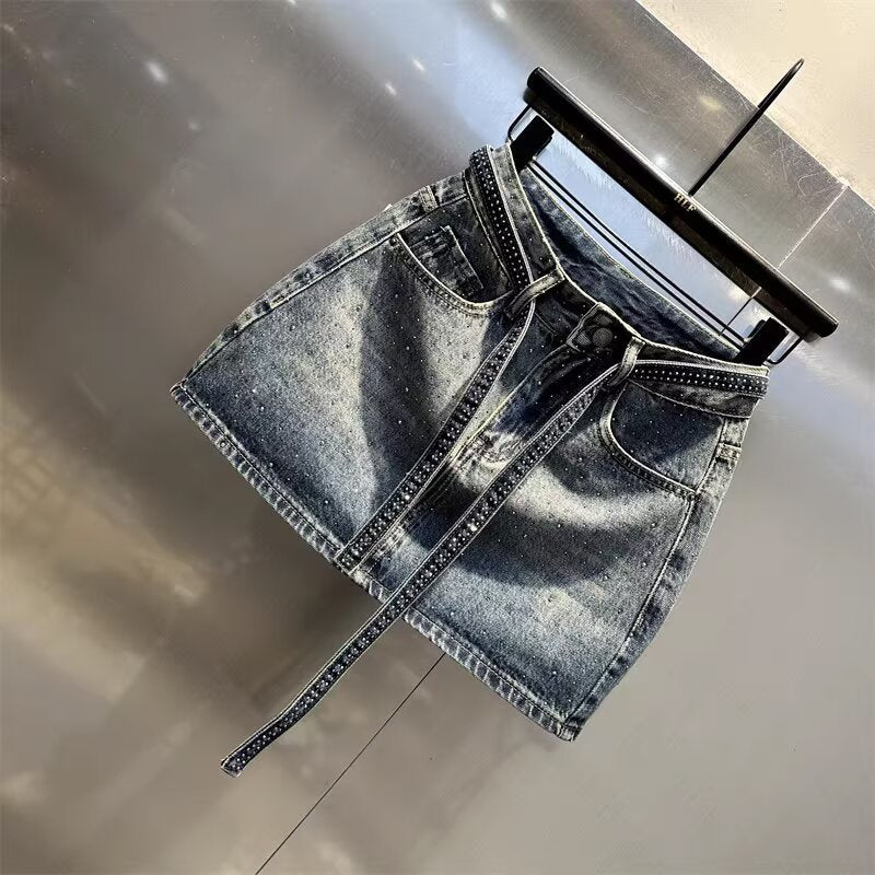 New Rhinestone Denim Wide Leg A- Line Skirt