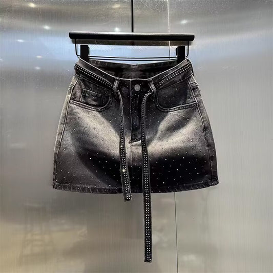 New Rhinestone  Denim Wide Leg A- Line Skirt