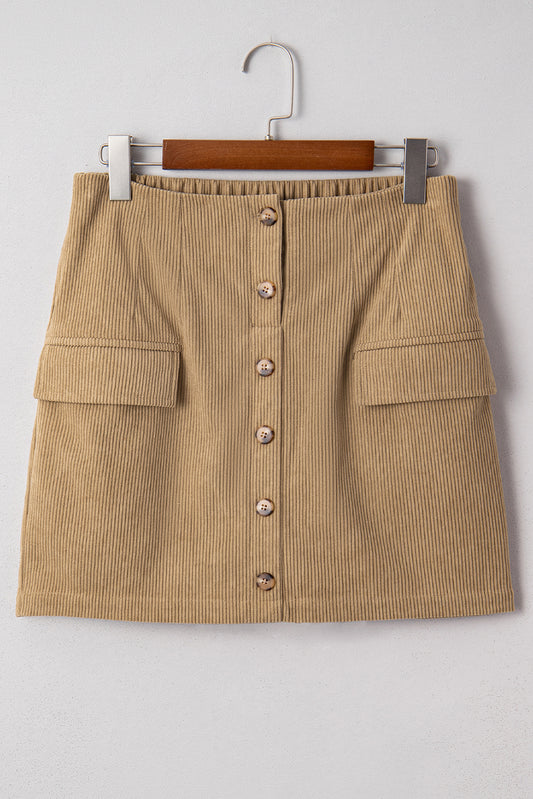 Camel Corduroy Buttoned Front Faux Pockets Mini Skirt