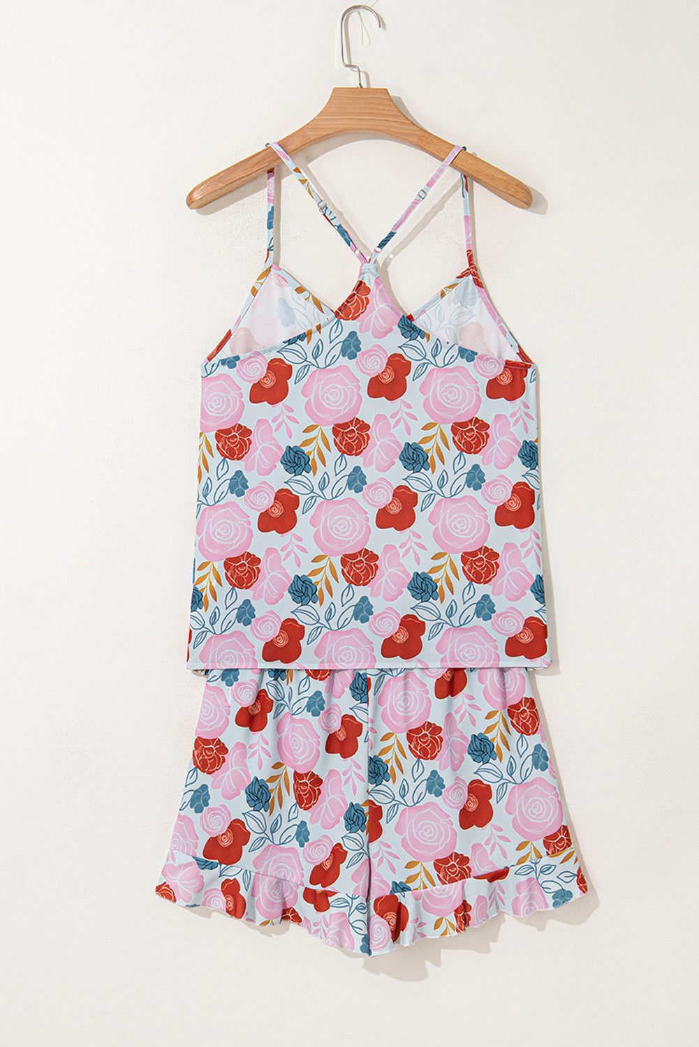 Multicolour Floral V Neck Cami Top and Ruffled Shorts Lounge Set