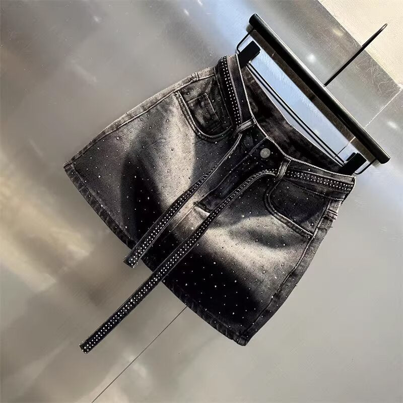New Rhinestone  Denim Wide Leg A- Line Skirt
