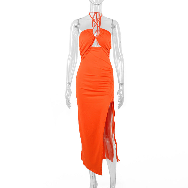 Sexy Halterneck Lace-up Split Dress Summer Y2K Beach Dresses Long