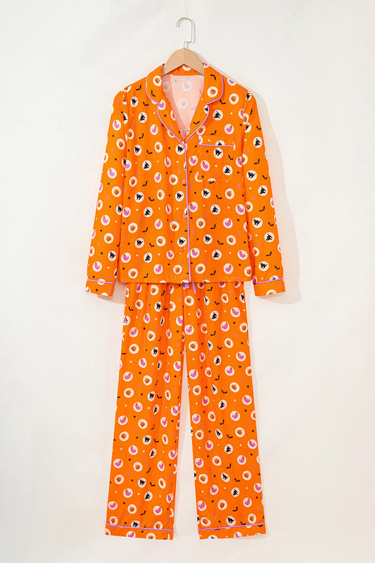 Orange Halloween Print Lapel Shirt Long 2pcs Pajama Set