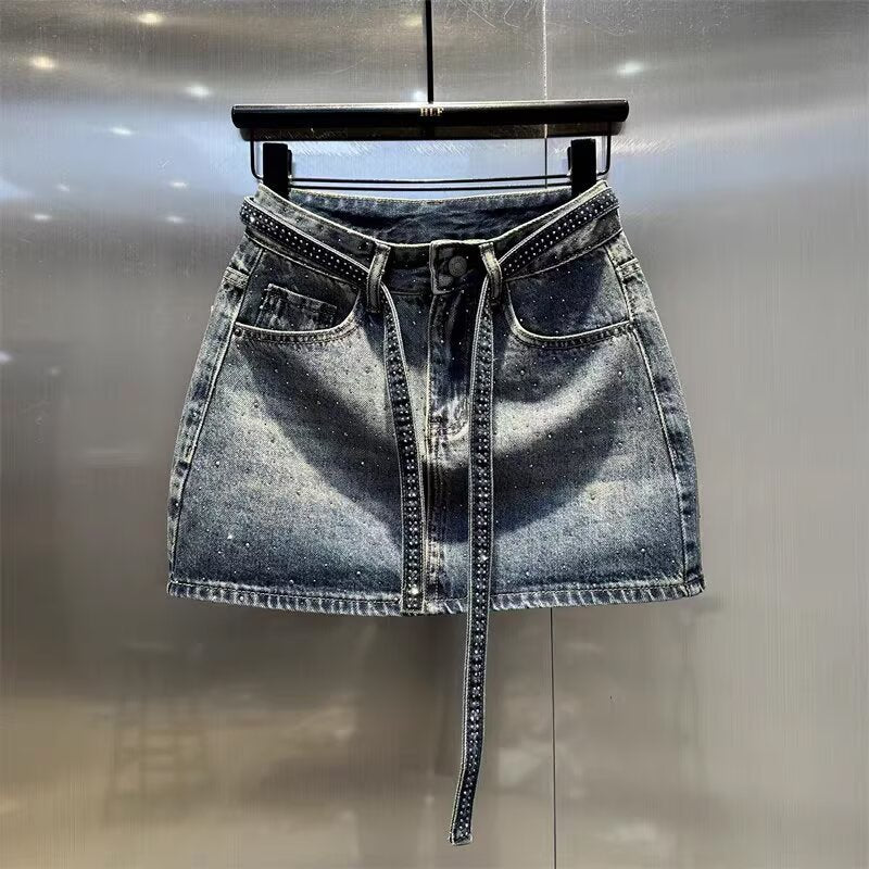 New Rhinestone  Denim Wide Leg A- Line Skirt
